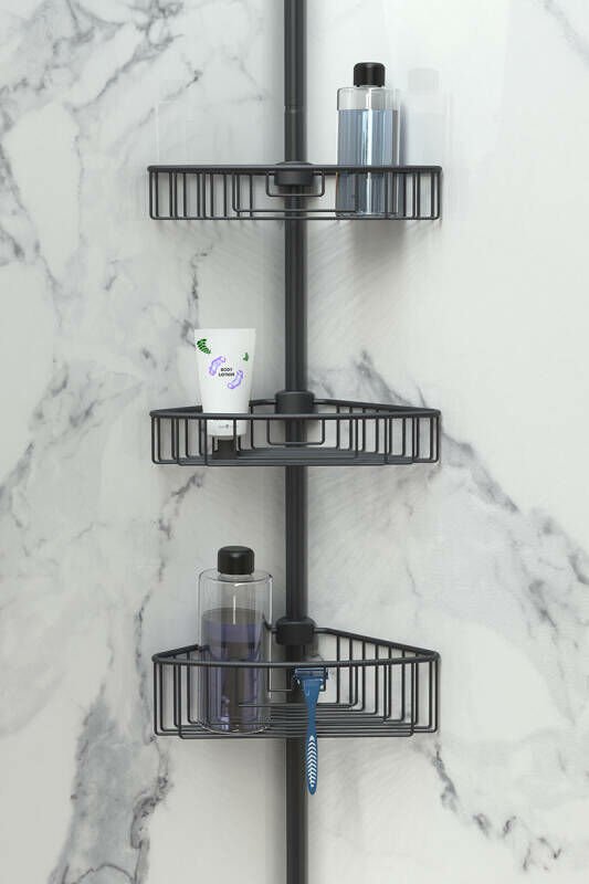 Primanova Yay Baskılı Kurulumu Kolay Üç Gözlü Alüminyum Yaylı Banyo Köşe Rafı Siyah-M-N29-06-3