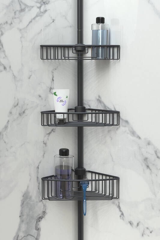Primanova Yay Baskılı Kurulumu Kolay Üç Gözlü Alüminyum Yaylı Banyo Köşe Rafı Siyah-M-N29-06-3