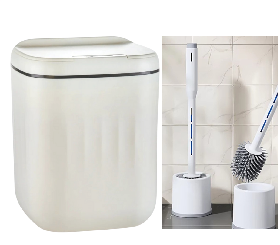 Akıllı Teknolojik Antibakteriyel Sensörlü UV Işıklı Çöp Kovası 20 Litre + Deterjan hazneli Beyaz Silikon Klozet Fırçası-BYS