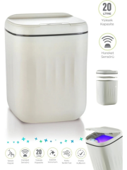 Akıllı Teknolojik Antibakteriyel Sensörlü UV Işıklı Çöp Kovası 20 Litre + Deterjan hazneli Beyaz Silikon Klozet Fırçası-BYS