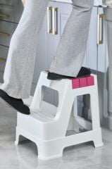 Çelik Ayna Zilkale Büyük Boy Çift Katlı Basamak Çok Amaçlı Dayanıklı Tabure Beyaz+ Pembe-254