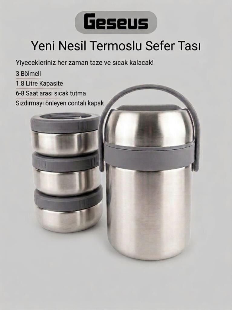 Geseus Çelik Yemek Termosu Sefer Tası 3 Bölmeli İç Dış Çelik