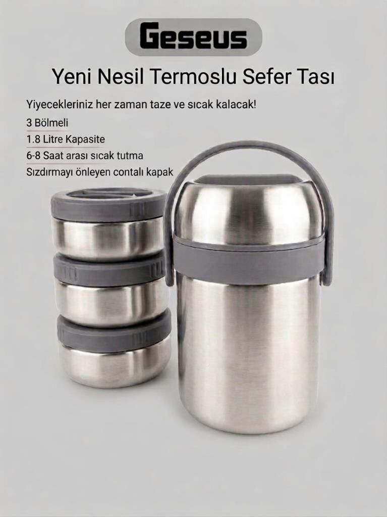 Geseus Çelik Yemek Termosu Sefer Tası 3 Bölmeli İç Dış Çelik