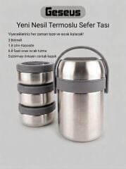 Geseus Çelik Yemek Termosu Sefer Tası 3 Bölmeli İç Dış Çelik