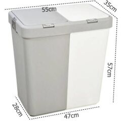 Motek Mt09 80 Litre Çift Gözlü Kirli Çamaşır Sepeti Pratik Kapaklı iki Gözlü Gri+Beyaz