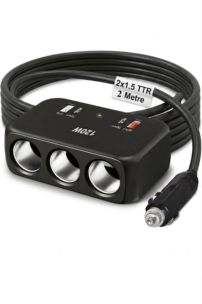 Araç Çakmak Uzatma Kablosu Çakmaklık Çoklayıcı USB,Type-C çıkışlı Hızlı Şarj 12-24V/10A/120W 2 X1,5mm TTR Bakır 2Mt