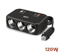 Araç Çakmak Uzatma Kablosu Çakmaklık Çoklayıcı USB,Type-C çıkışlı Hızlı Şarj 12-24V/10A/120W 2 X1,5mm TTR Bakır 2Mt