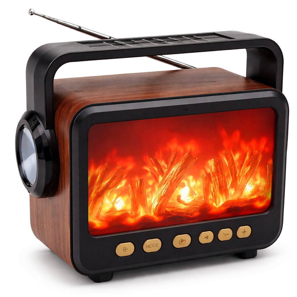 Şömine Efektli Nostajik Radyo Solar Panelli  Nostaljik Görünümlü Bluetoothlu ve Fenerli Mp3 Çalar Müzik Kutusu
