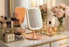 Dokunmatik Led Işıklı Usb Şarjlı Makyaj Aynası Kare Pembe Gün ışığı ve Beyaz Işık Özelliği-SM8036