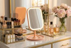 Dokunmatik Led Işıklı Usb Şarjlı Makyaj Aynası Kare Pembe Gün ışığı ve Beyaz Işık Özelliği-SM8036