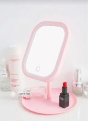 Dokunmatik Led Işıklı Usb Şarjlı Makyaj Aynası Kare Pembe Gün ışığı ve Beyaz Işık Özelliği-SM8036