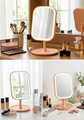 Dokunmatik Led Işıklı Usb Şarjlı Makyaj Aynası Kare Pembe Gün ışığı ve Beyaz Işık Özelliği-SM8036