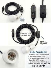 Araç çakmak girişli 30W 12V Led Ampul,lü E27 Duylu Anahtarlı Araç,Karavan,Kamp Seyyar Lamba 12/16A 2 X1,5mm TTR Bakır 10 Mt-Siyah