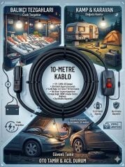 Araç çakmak girişli 30W 12V Led Ampul,lü E27 Duylu Anahtarlı Araç,Karavan,Kamp Seyyar Lamba 12/16A 2 X1,5mm TTR Bakır 10 Mt-Siyah