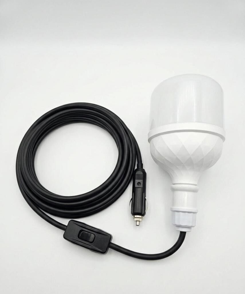 Araç çakmak girişli 30W 12V Led Ampul,lü E27 Duylu Anahtarlı Araç,Karavan,Kamp Seyyar Lamba 12/16A 2 X1,5mm TTR Bakır 5 Mt-Siyah