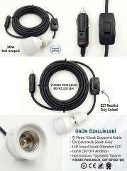 Araç çakmak girişli 30W 12V Led Ampul,lü E27 Duylu Anahtarlı Araç,Karavan,Kamp Seyyar Lamba 12/16A 2 X1,5mm TTR Bakır 5 Mt-Siyah