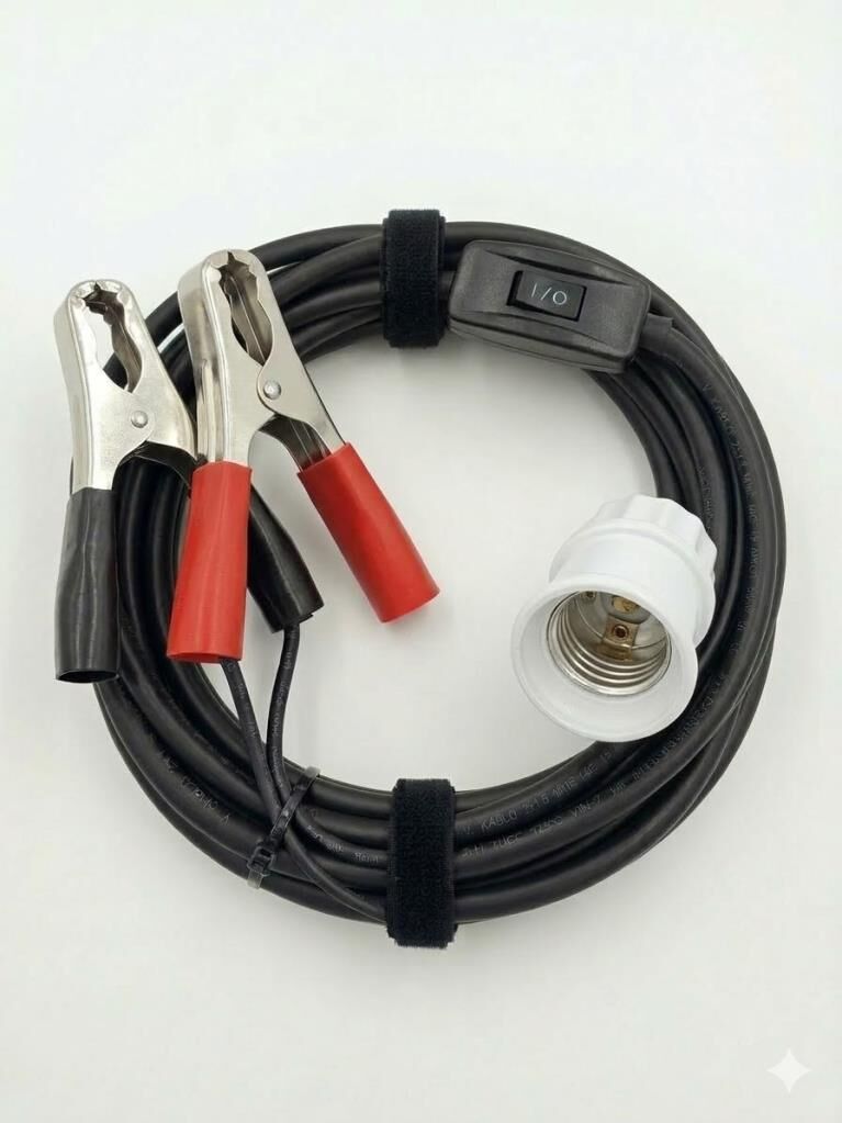 Aküden Bağlantılı  E27 Duylu Anahtarlı Araç Seyyar Kablo Akü Maşalı 12/16A 2 X1,5mm TTR Bakır 5 Mt-Siyah