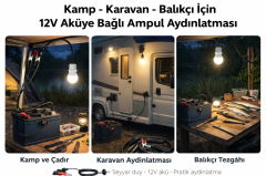Aküden Bağlantılı Maşalı 30W 12V Led Ampul,lü E27 Duylu Anahtarlı Araç,Karavan,Kamp Seyyar Lamba 12/16A 2 X1,5mm TTR Bakır 5 Mt-Siyah