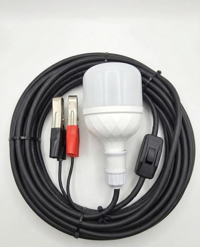 Aküden Bağlantılı Maşalı 30W 12V Led Ampul,lü E27 Duylu Anahtarlı Araç,Karavan,Kamp Seyyar Lamba 12/16A 2 X1,5mm TTR Bakır 10 Mt-Siyah