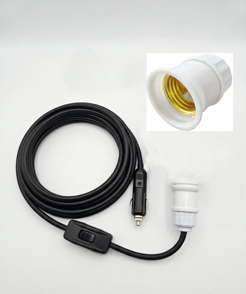 Araç Çakmaklık Grişli  E27 Duylu Anahtarlı Araç Seyyar Kablo Çakmaklık Fşli 12V/16A 2 X1,5mm TTR Bakır 5 Mt-Siyah