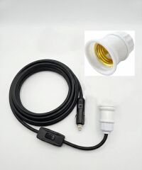 Araç Çakmaklık Grişli  E27 Duylu Anahtarlı Araç Seyyar Kablo Çakmaklık Fşli 12V/16A 2 X1,5mm TTR Bakır 5 Mt-Siyah