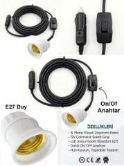 Araç Çakmaklık Grişli  E27 Duylu Anahtarlı Araç Seyyar Kablo Çakmaklık Fşli 12V/16A 2 X1,5mm TTR Bakır 5 Mt-Siyah