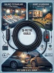 Araç Çakmaklık Grişli  E27 Duylu Anahtarlı Araç Seyyar Kablo Çakmaklık Fşli 12V/16A 2 X1,5mm TTR Bakır 5 Mt-Siyah