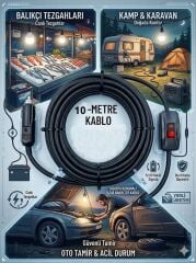 Araç Çakmaklık Grişli  E27 Duylu Anahtarlı Araç Seyyar Kablo Çakmaklık Fşli 12V/16A 2 X1,5mm TTR Bakır 10 Mt-Siyah