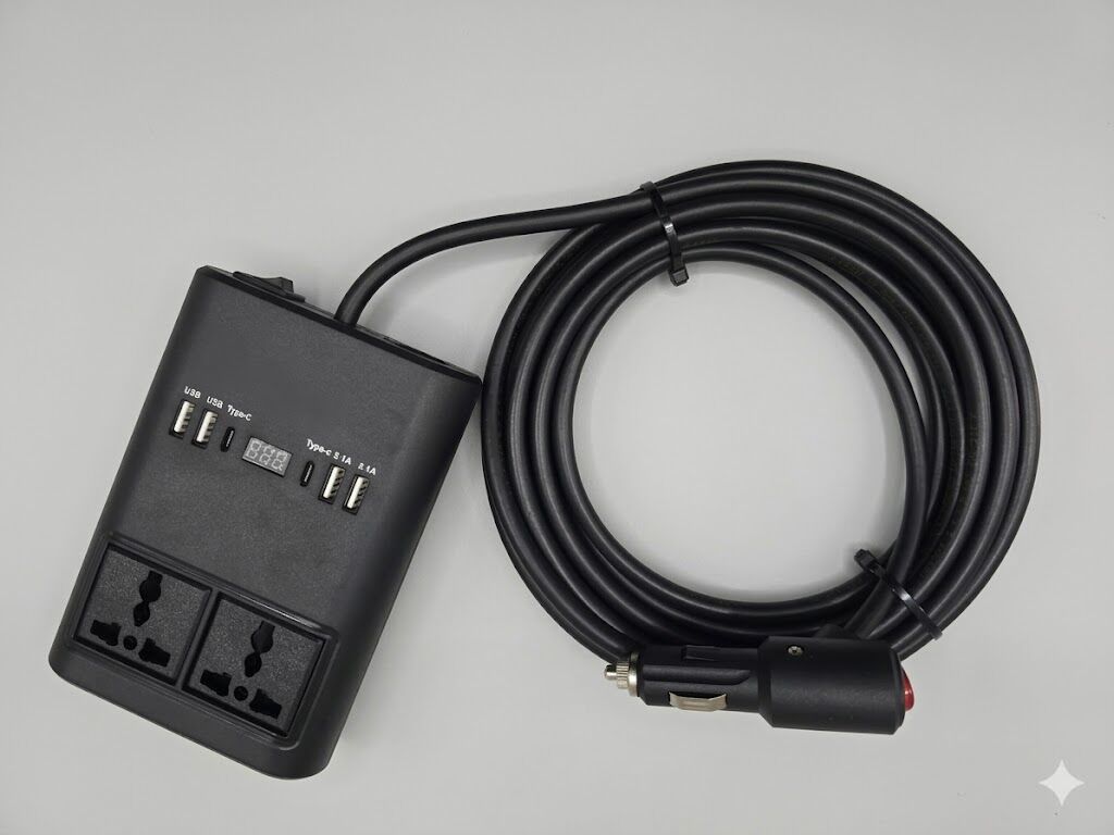 Araç Inverter 150W,Çakmak Uzatma Kablosu Çakmaklık,4 USB,2 Type-C çıkışlı 12V/16 A /120W 2 X1,5mm TTR Bakır 5Mt-GG25