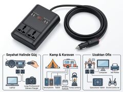 Araç Inverter 150W,Çakmak Uzatma Kablosu Çakmaklık,4 USB,2 Type-C çıkışlı 12V/16 A /120W 2 X1,5mm TTR Bakır 5Mt-GG25