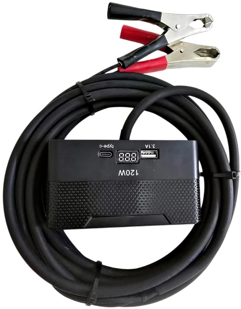 Aküden bağlantılı Uzatma Kablosu Çakmaklık Çoklayıcı LCD Ekranlı USB, Type-C çıkışlı 12 Volt 10 Amper 120 WAT 2 X1,5mm TTR Bakır 10 Mt-Siyah-YT-OT733-MŞ