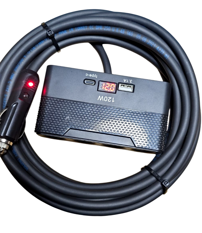 Araç Çakmak Uzatma Kablosu Çakmaklık Çoklayıcı LCD Ekranlı USB,Type-C çıkışlı 12V/10A/120W 2 X1,5mm TTR Bakır10Mt-YT-OT733