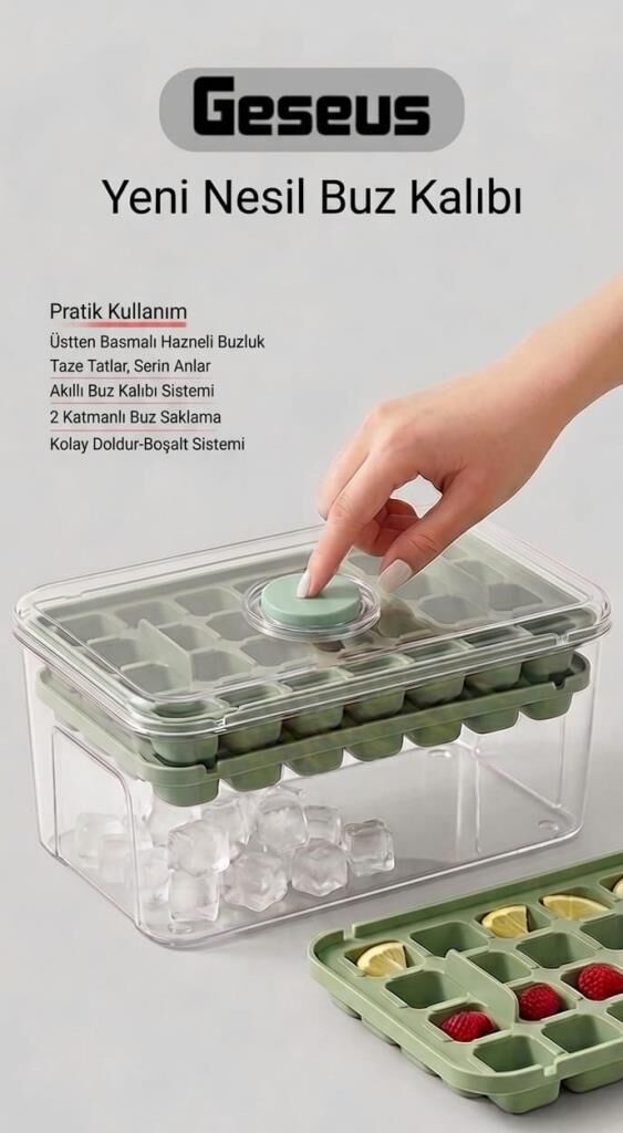 Bas-Çıkar Buz Kalıbı 56 Adet Buz Kapasiteli Kapaklı Saklama Kutulu