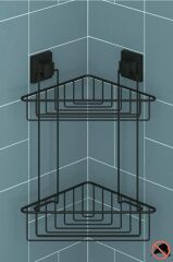 Geseus Yapışkanlı Siyah İki Katlı Banyo Köşe Rafı EF257S