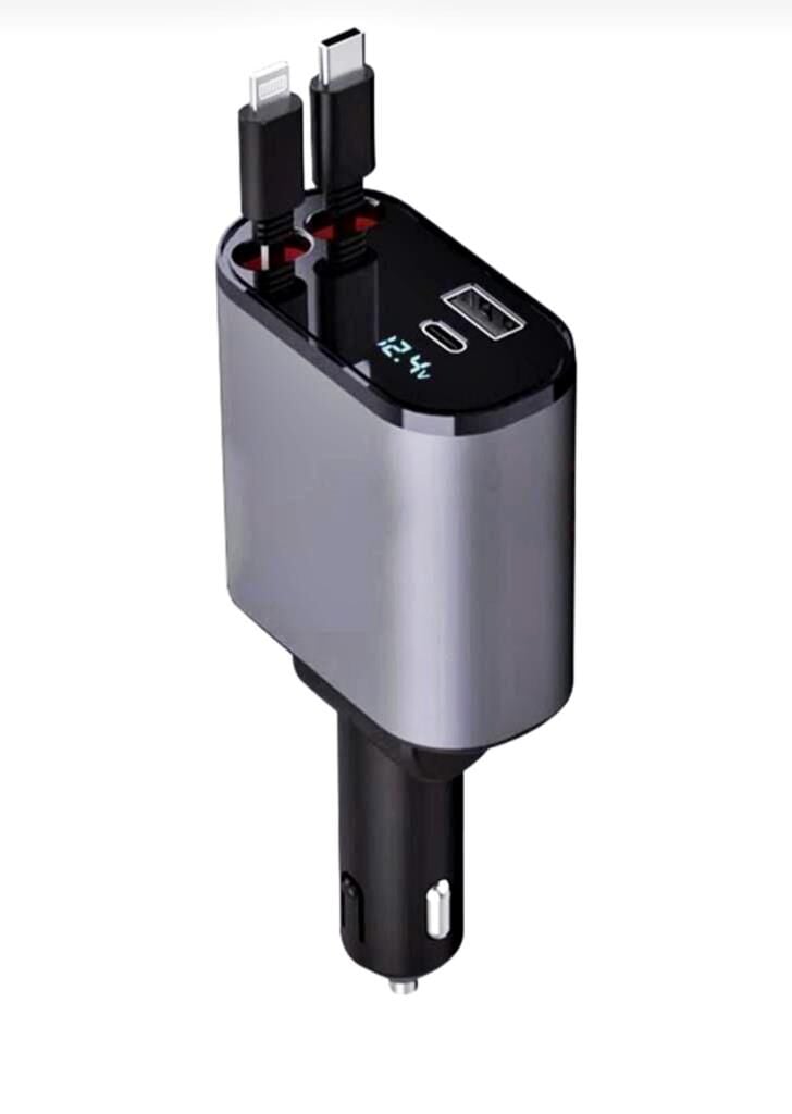 Araç İçi 120 Watt Hızlı Şarj Adaptörü Çakmaklık Adaptörü Iphone,Type-C Makaralı Şarj Kablolu-G16