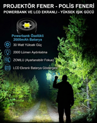 Projektör Fener Polis Feneri Powerbank 2000 Mah Batarya 30 Wat 2000 Lümen Zomlu Lcd Ekranlı Yüksek Işık Gücü-PR049