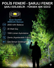 Polis Feneri Şarjlı Fener 2000 MAH Batarya 20 Wat 1500 Lümen Zomlu Yüksek Işık Gücü-PR050