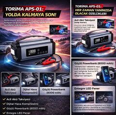 Taşınabilir Şarjlı Dijital Hava Kompresörü Hava Pompası Jump Starter Akü Takviyeli Marş Özellikli 8000 Mah Powerbank, Led lamba –APSS-01