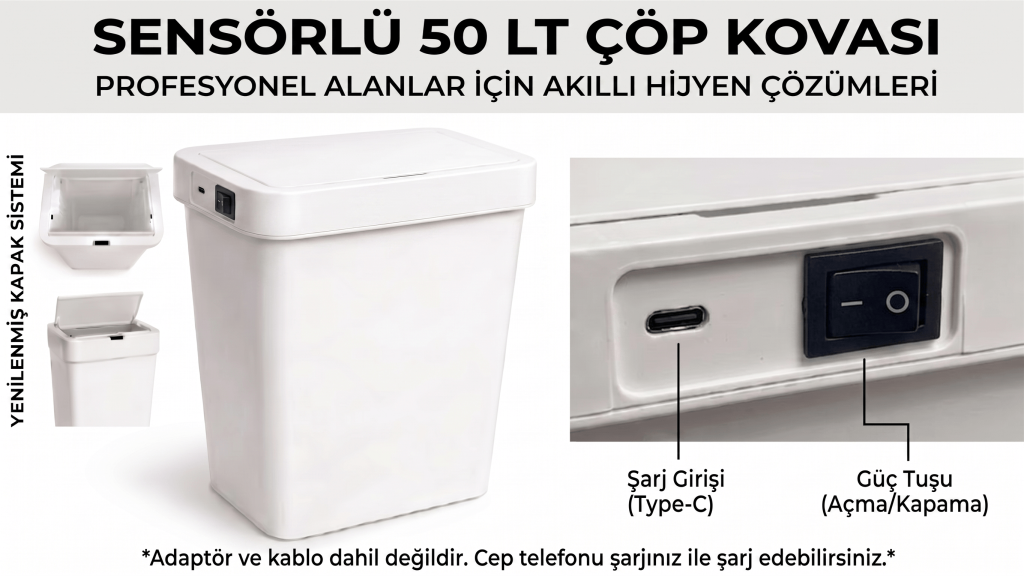 Şarjlı 50 LitreTemassız Sensörlü Hijyenik Çöp Kovası Yerli üretim-Beyaz