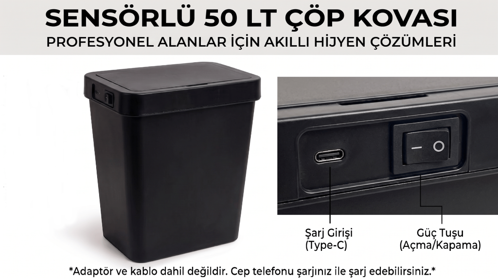 Şarjlı 50 Litre Fotoselli Otomatik Açılır Hijyenik Çöp Kovası Sensörlü Yerli üretim-Siyah