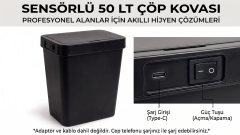 Sensörlü Çöp Kovası Şarjlı Fotoselli 50 Litre Büyük Boy Atık Kovası-Siyah