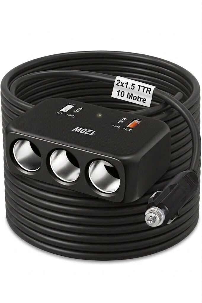Araç Çakmak Uzatma Kablosu Çakmaklık Çoklayıcı USB,Type-C çıkışlı Hızlı Şarj 12-24V/10A/120W 2 X1,5mm TTR Bakır 10Mt