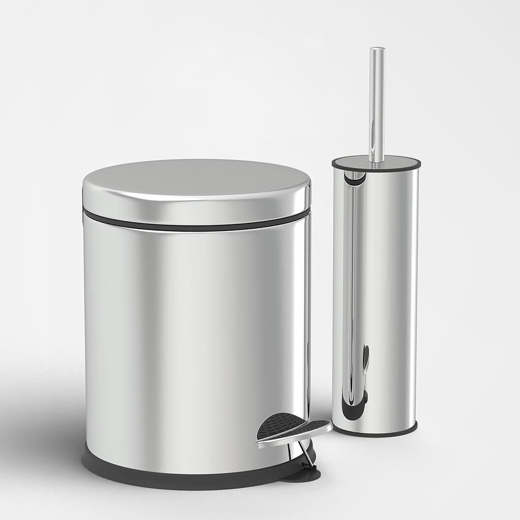 5 Litre Çöp Kovası ve Tuvalet Fırçası Krom İkili Set