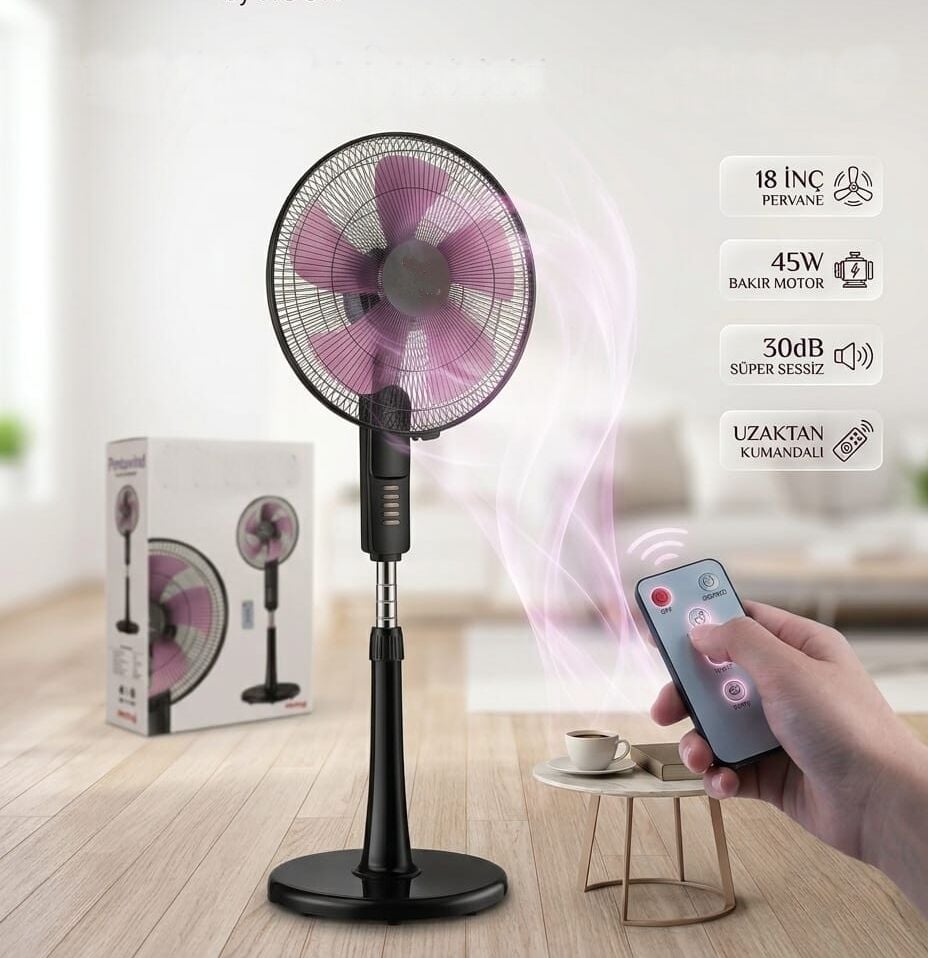 Geseus Uzaktan Kumandalı Sessiz Vantilatör - 45W %100 Bakır Motorlu 5 Kanatlı