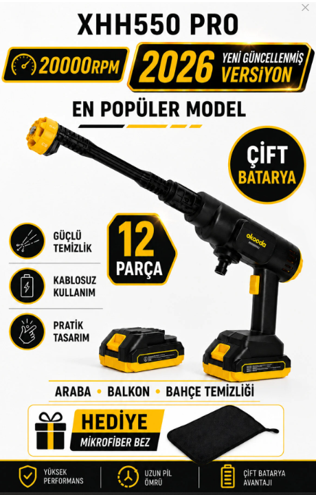 Geseus Çift Akülü Şarjlı Yüksek Basınçlı Oto Yıkama Tabancası - Araba, Halı, Klima Temizleme & Bahçe Sulama Makinesi - XHH550PRO
