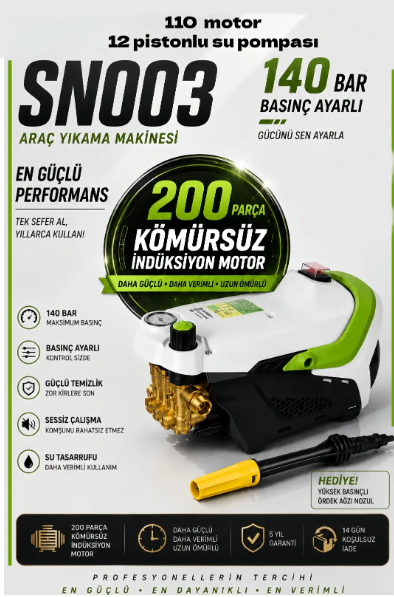 Geseus Güçlü Su Basınçlı Yıkama Makinesi – Kömürsüz İndüksiyon Motor & Basınç Göstergesi - SN003