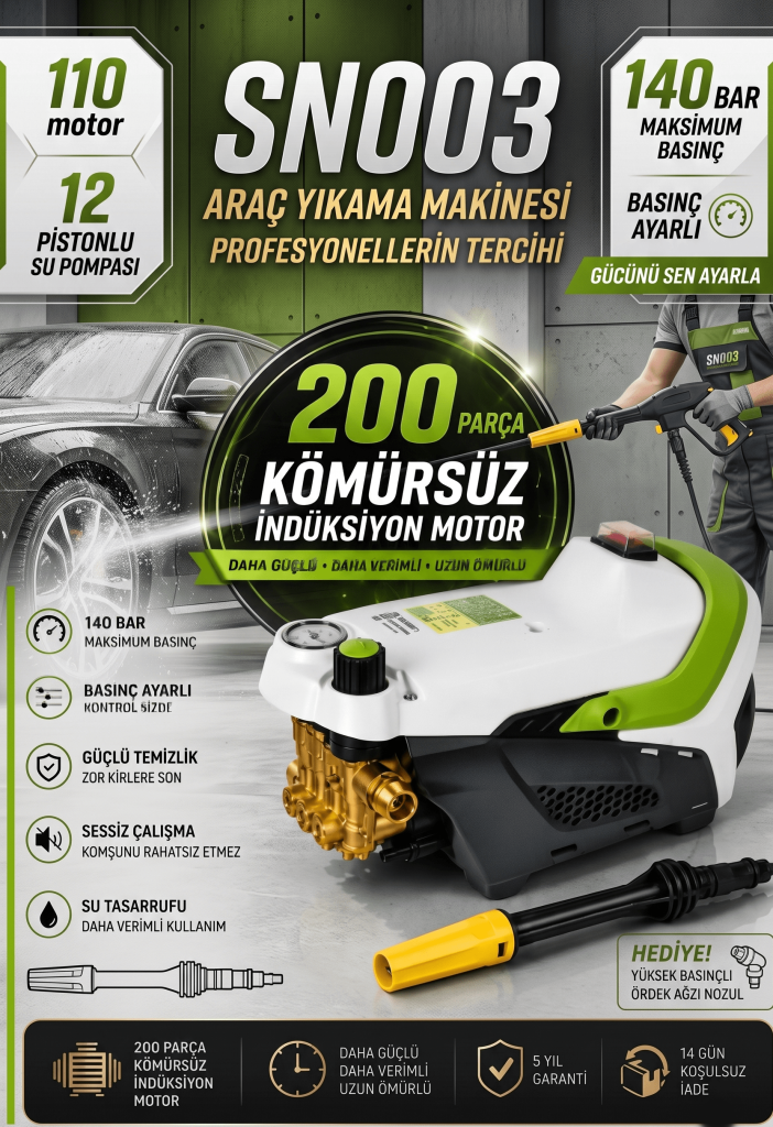 Geseus Güçlü Su Basınçlı Yıkama Makinesi – Kömürsüz İndüksiyon Motor & Basınç Göstergesi - SN003