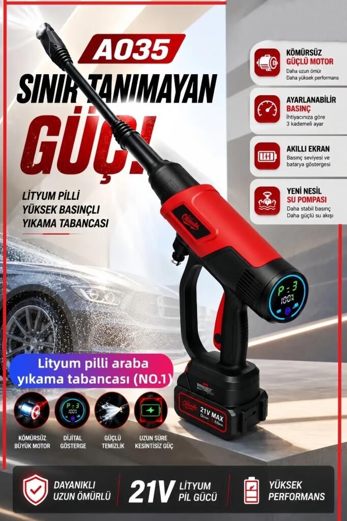 Profesyonel Kömürsüz Motor Dijital Göstergeli Ayarlanabilir Basınçlı Şarjlı Oto Yıkama Seti - A035