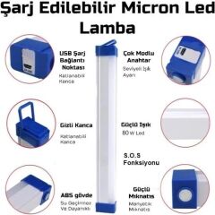 Usb Şarjlı Acil Durum ve Aydınlatma Led Florasan Ev,Kamp,Maden,İşyeri,Balıkcı Lambası 52cm 80W