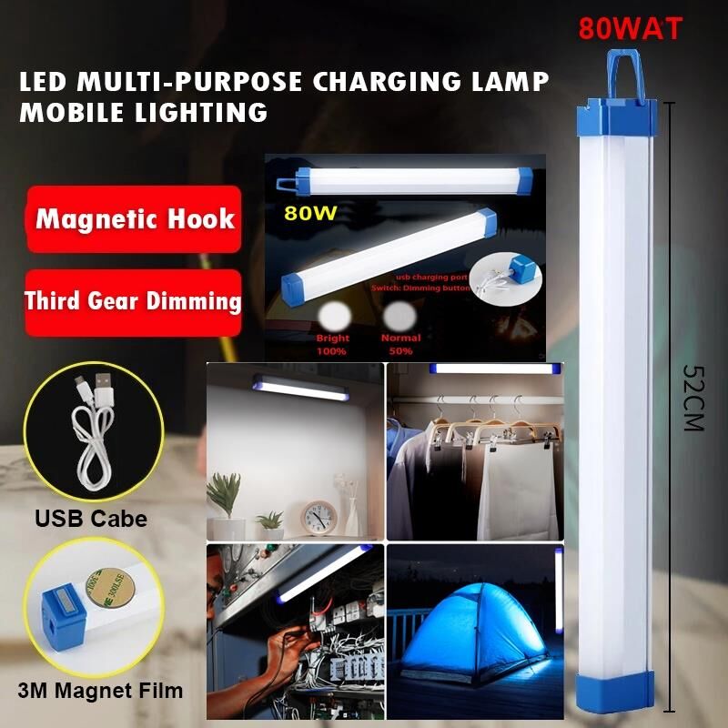 Usb Şarjlı Acil Durum ve Aydınlatma Led Florasan Ev,Kamp,Maden,İşyeri,Balıkcı Lambası 52cm 80W